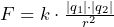 F=k\cdot \frac {|q_1|\cdot |q_2|}{r^2}