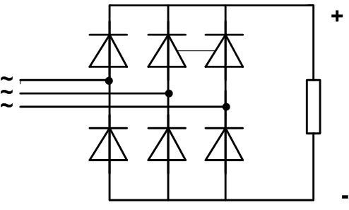 Схема на диоден мост за трифазен източник на променливо напрежение. 