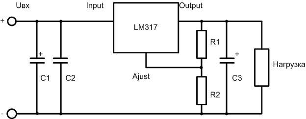 Стандартната схема за включване на чипа LM317. 