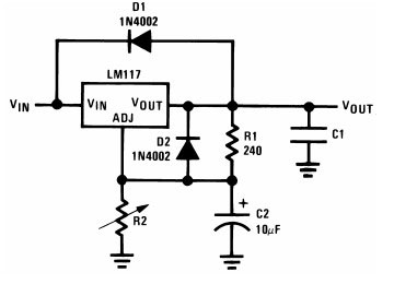 Превключваща схема LM317 с два диода D1 и D2. 