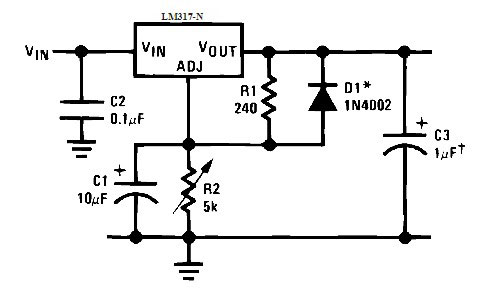 Схема за включване на микросхема LM317 с кондензатор, свързан паралелно с променлив резистор. 