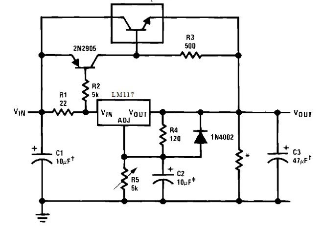 Превключваща схема LM317 с външен транзистор. 