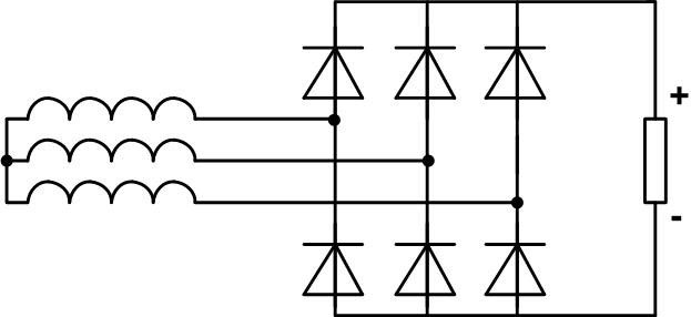 Трифазна мостова верига на токоизправителя на напрежение. 
