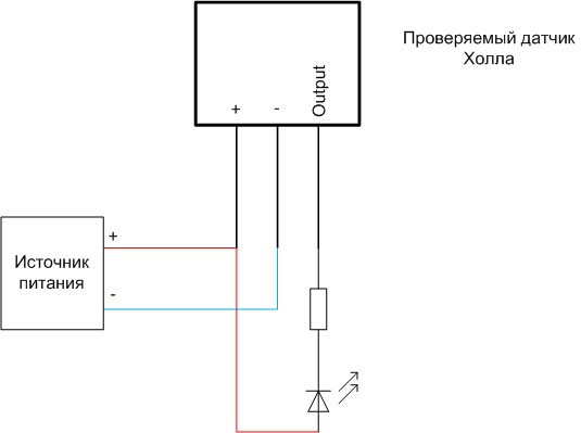 Схема за проверка на работата на сензор на Хол със светодиод. 