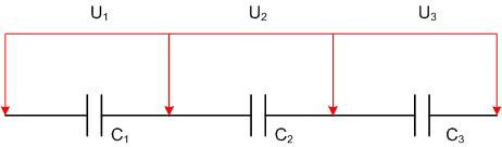 Последователно свързване на кондензатори. 
